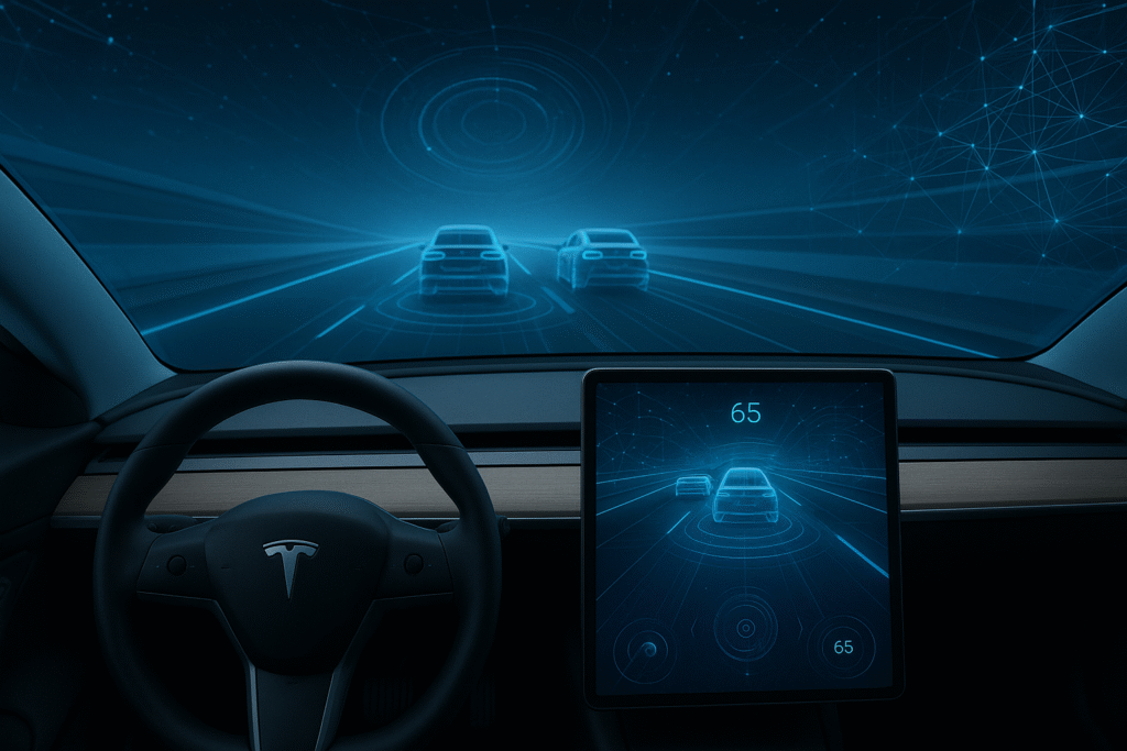 Tesla interior showing Autopilot view tracking two cars ahead with blue digital graphics.