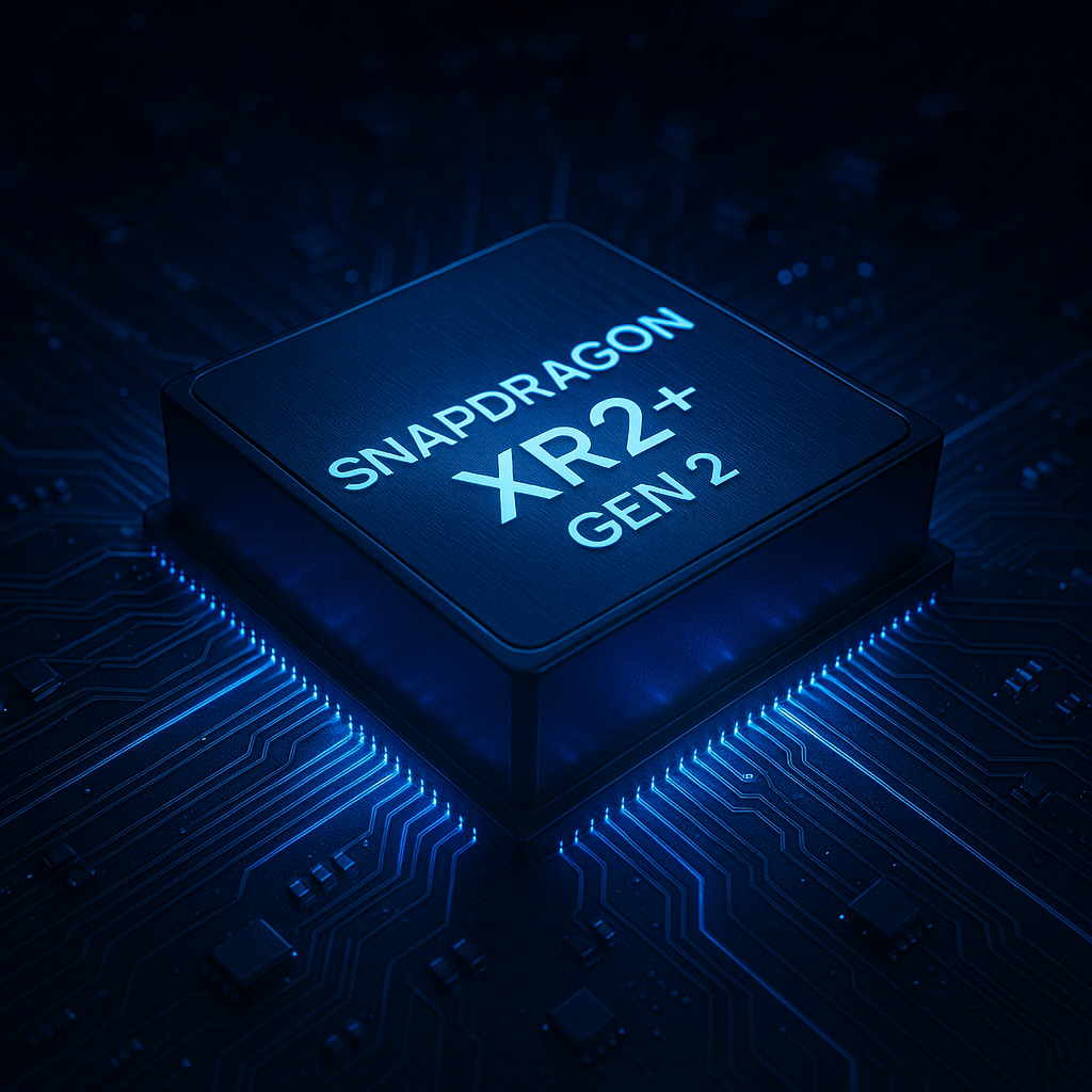 Qualcomm Snapdragon XR2+ Gen 2 chipset glowing with blue light on a motherboard, representing Samsung Galaxy XR performance, advanced mixed reality processor.