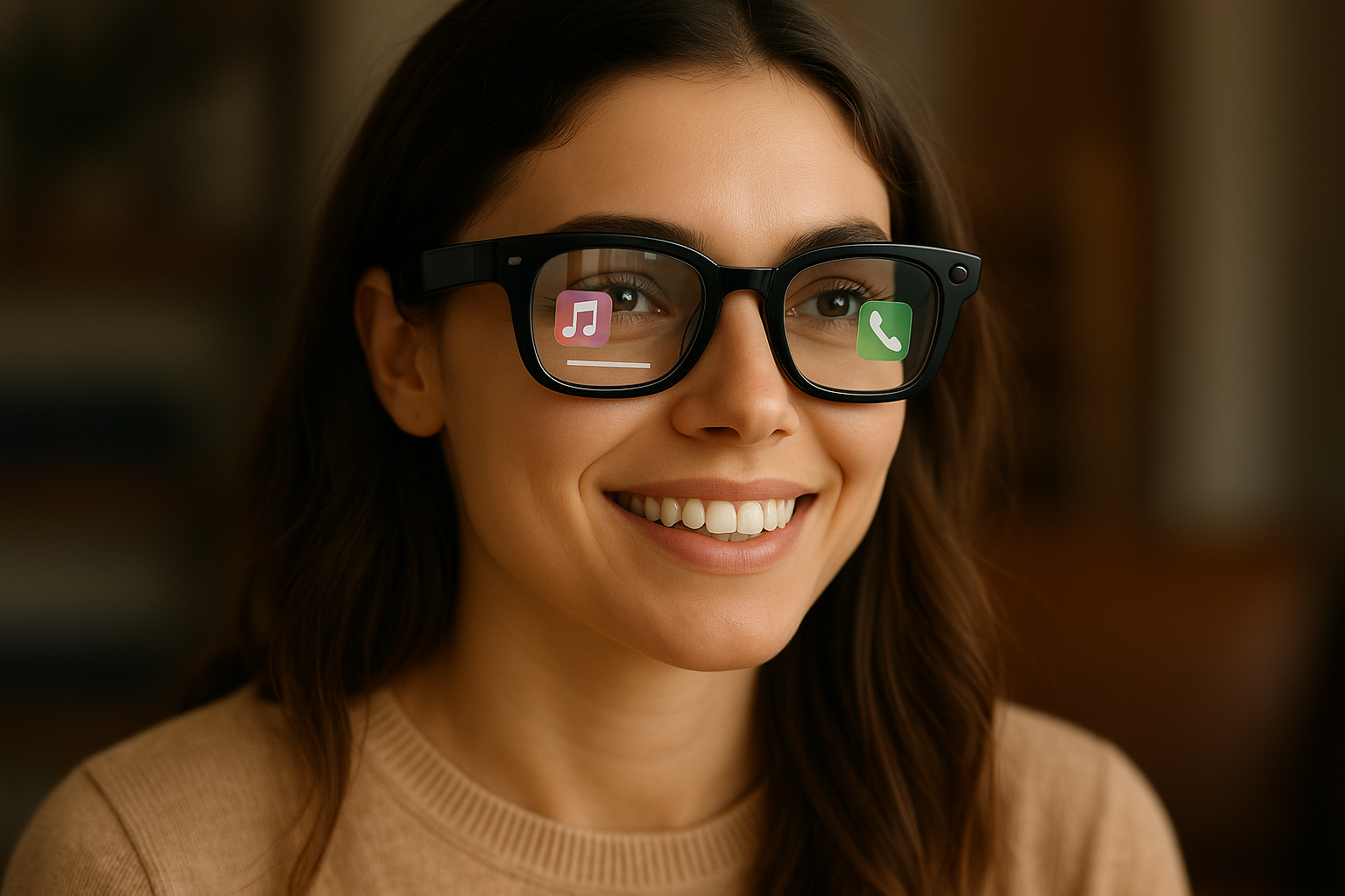 Smiling woman wearing Meta Glasses with transparent AR interface icons showing music and call apps, futuristic smart eyewear technology concept.