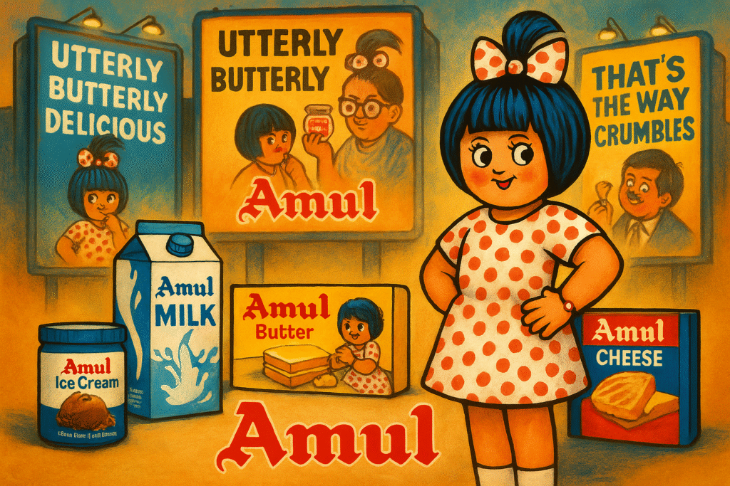 Amul Girl standing beside Amul milk, butter, cheese, and ice cream with classic “Utterly Butterly Delicious” ads in the background.