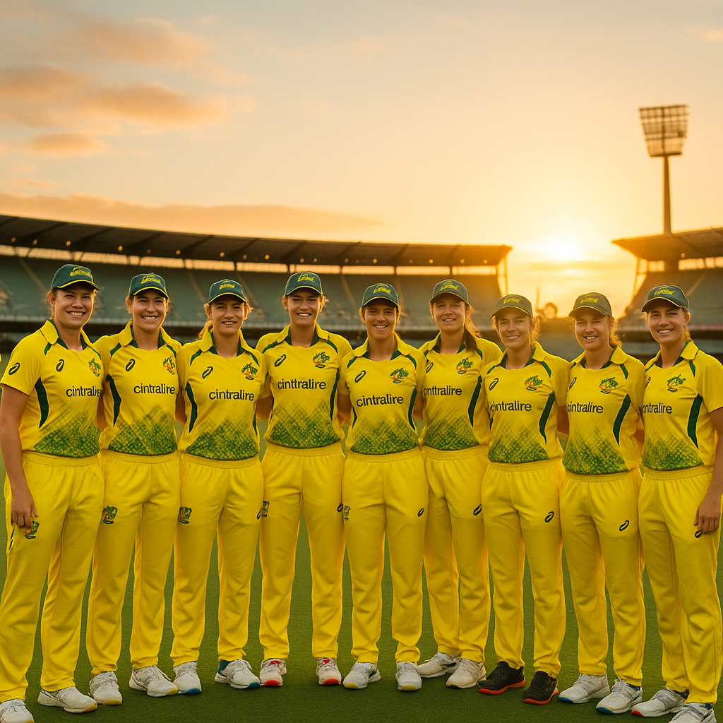 Australia Women’s Cricket Team standing together in bright yellow uniforms under a golden sunset