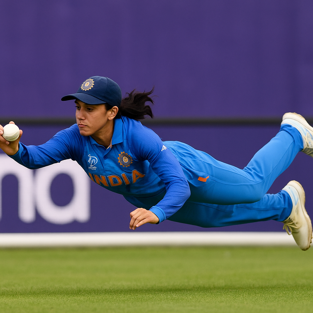 Smriti Mandhana dives near the boundary to take a stunning catch, fully outstretched in her blue India jersey during the ICC Women’s World Cup 2025 semi-final against Australia.
