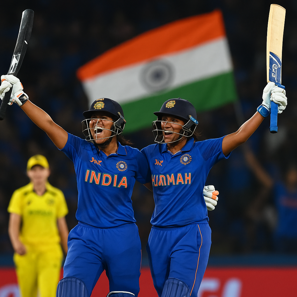 India Women vs Australia Women Semi Final 2025- India Women celebrate after defeating Australia Women by 5 wickets in Semi Final, completing a record chase.