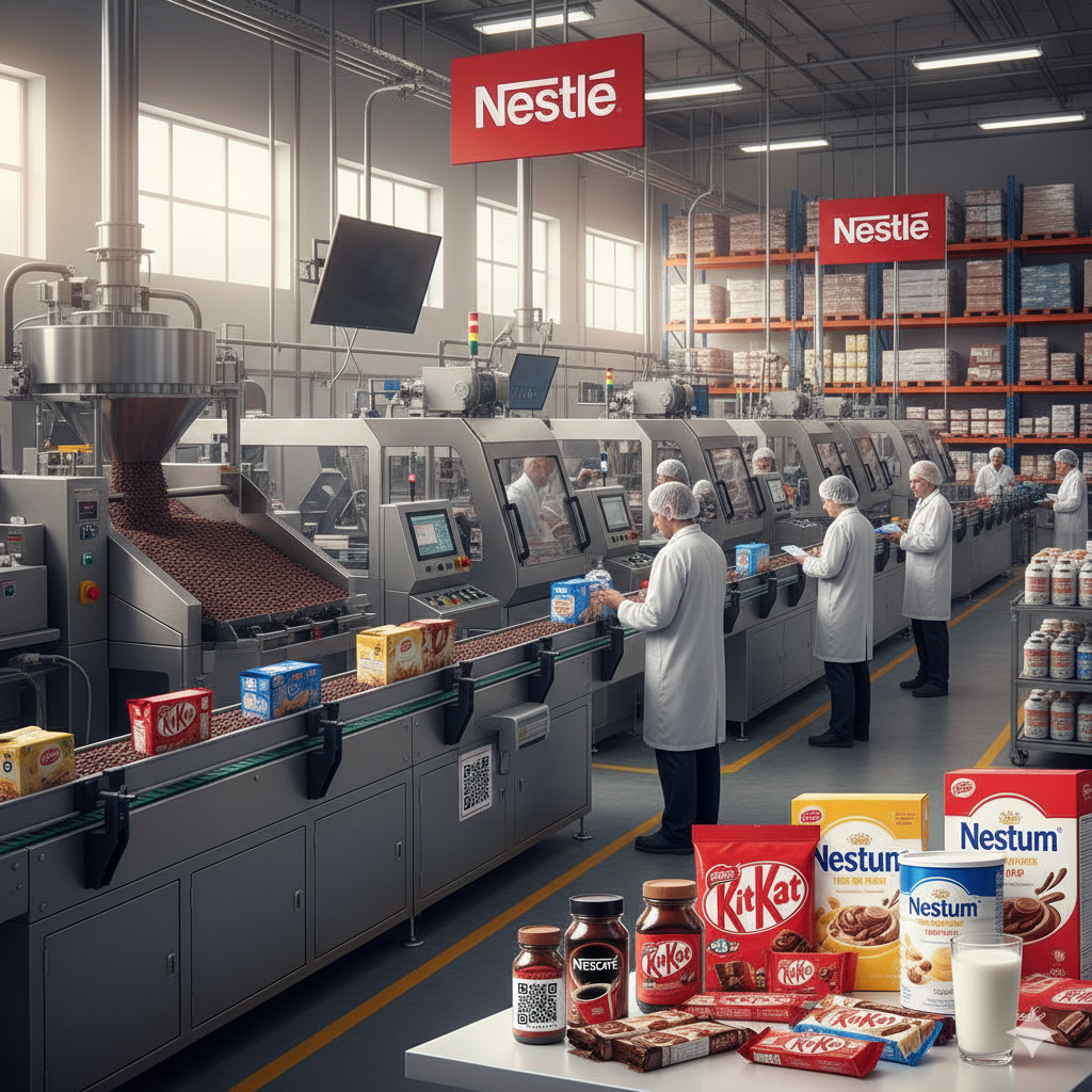 Nestlé factory production line with workers and iconic products like KitKat, Nescafé, and Nestum on display.