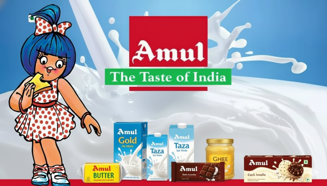 Amul Girl with Amul butter, milk, ghee, chocolate, and ice cream products under the slogan “The Taste of India.”