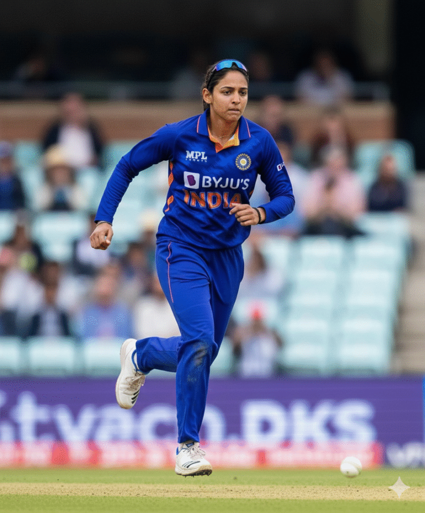 Indian women's cricket team player Harmanpreet Kaur, wearing a blue jersey, bowling on the cricket field.