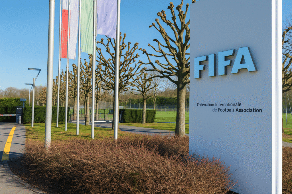 FIFA headquarters entrance with the official signboard and flags under a clear blue sky.