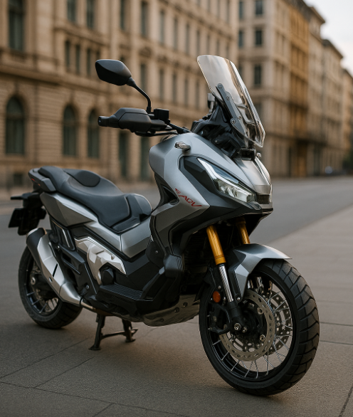 Honda X-ADV 750 parked on an elegant city street with historic buildings in the background.