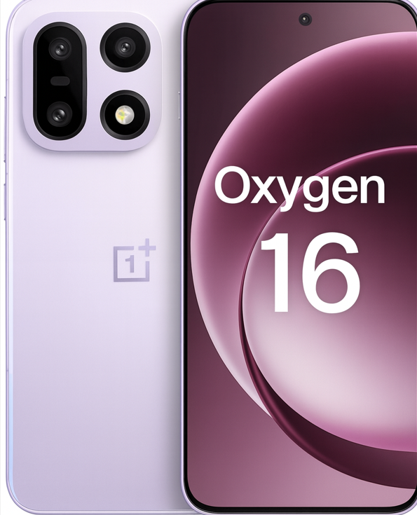 OnePlus smartphone running OxygenOS 16 with sleek lavender design and display.