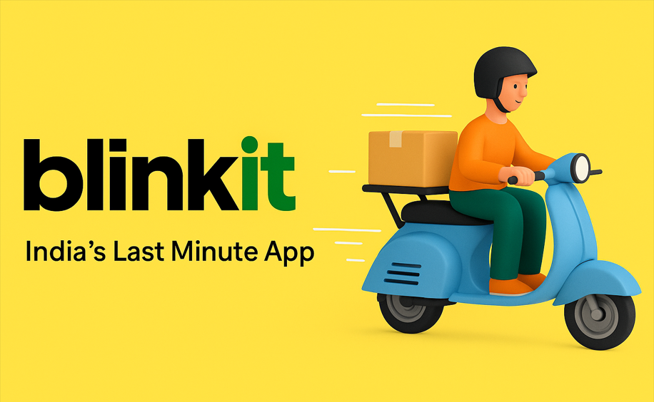 Blinkit delivery illustration featuring a rider on a scooter beside the Blinkit logo with the tagline “India’s Last Minute App,” representing quick commerce and fast delivery.