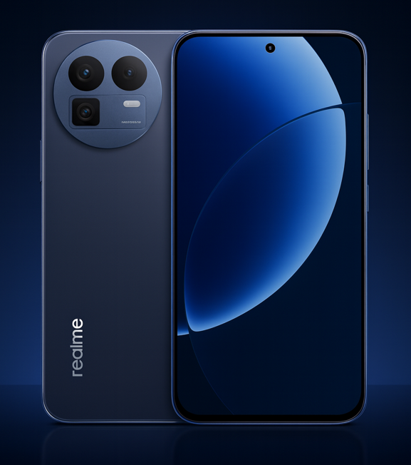 Realme GT8 smartphone with triple camera and bezel-less blue display.