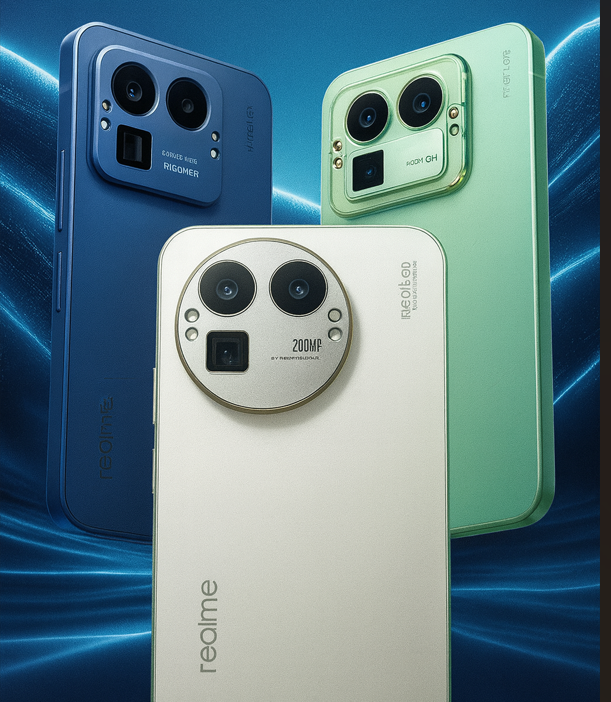 Realme GT8 Pro smartphone in blue, green, and silver color variants showcasing the 200MP Ricoh GR camera module and premium flagship design.