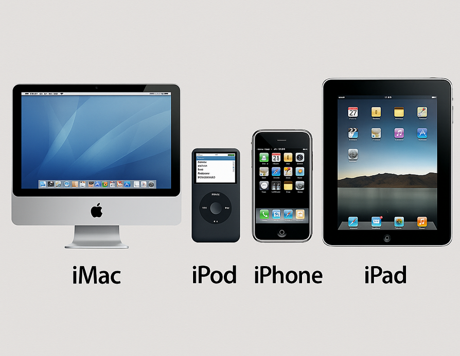 Apple product evolution lineup featuring iMac, iPod, iPhone, and iPad displayed side by side, representing Apple’s innovation and iconic design legacy.