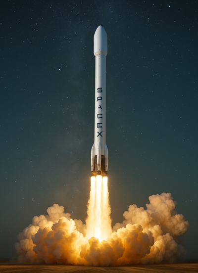SpaceX Falcon 9 rocket launching into space at night with fiery exhaust and starry sky backdrop.