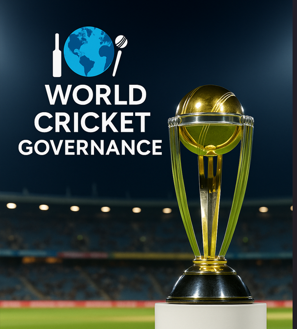 World cricket governance trophy in stadium with custom globe cricket logo