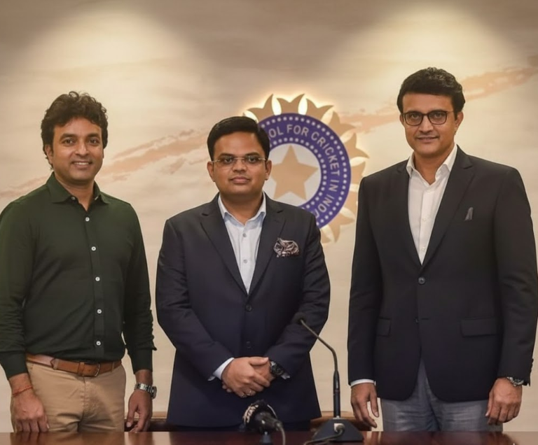Three professionally dressed men standing together at a formal cricket board press conference.