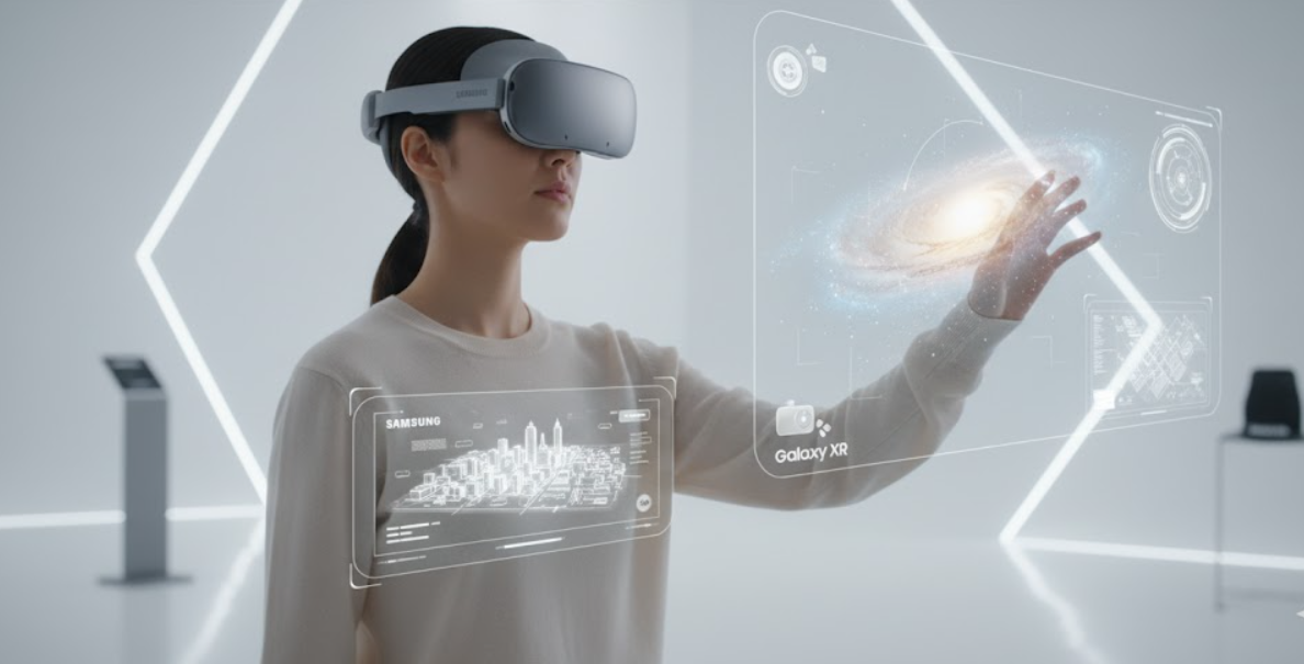 A person wearing a Samsung Galaxy XR headset interacts with floating holographic 3D visuals of a galaxy and digital city interface in a futuristic white room.