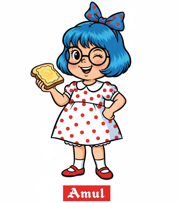 Amul Girl winking while holding a buttered toast, wearing a red and white polka-dot dress with the Amul logo below.
