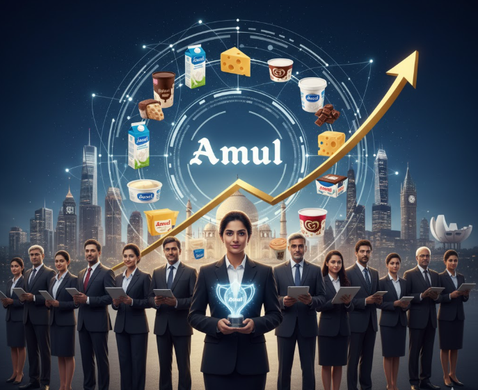 Amul growth concept with business team and rising success graph.