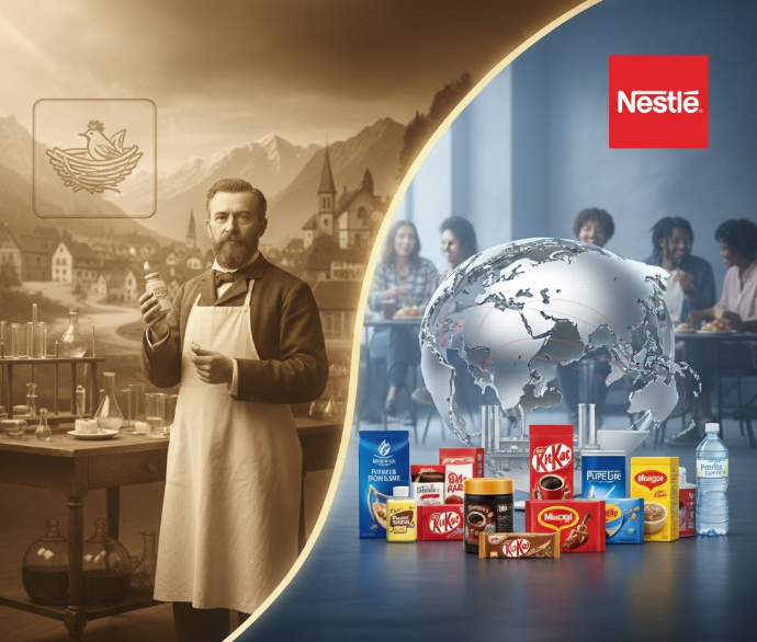 Nestlé founder with modern global products showing the brand’s growth from past to present.