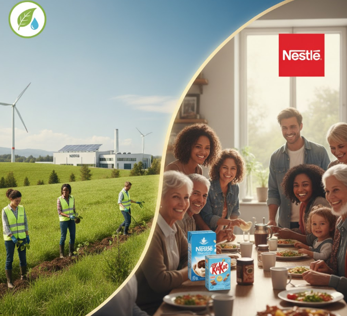 Nestlé sustainability — farmers in green fields and a family enjoying healthy meals.