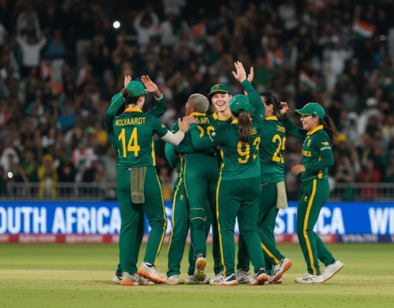 South Africa vs England Women’s World Cup 2025 semi-final — South Africa women’s cricket team celebrates victory with players Wolvaardt, Kapp, and Luus leading the Proteas to their first-ever final.