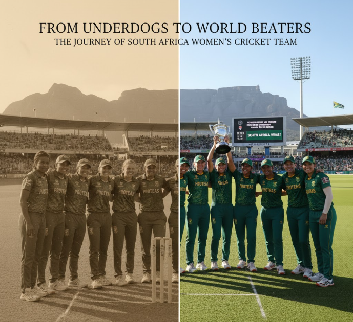 South Africa Women’s Cricket Team celebrating their journey from underdogs to world beaters after a historic World Cup victory.