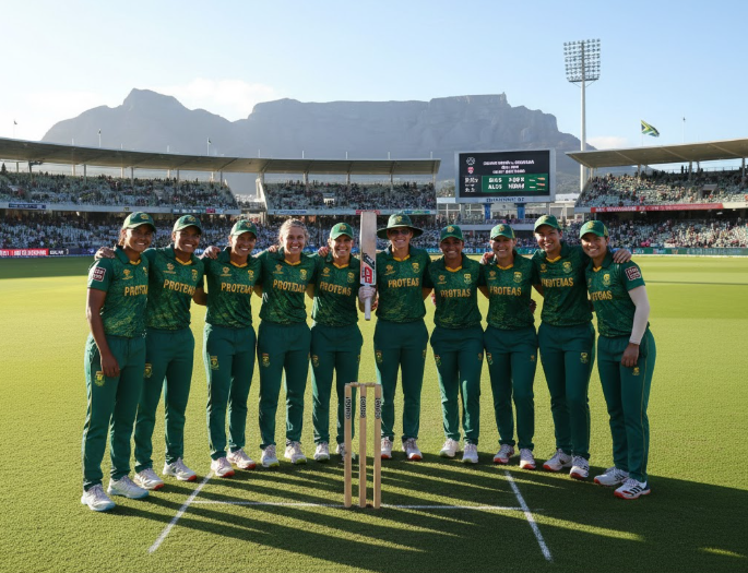 South Africa Women’s Cricket Team posing together on the field after a victorious match, celebrating teamwork and national pride at the World Cup.