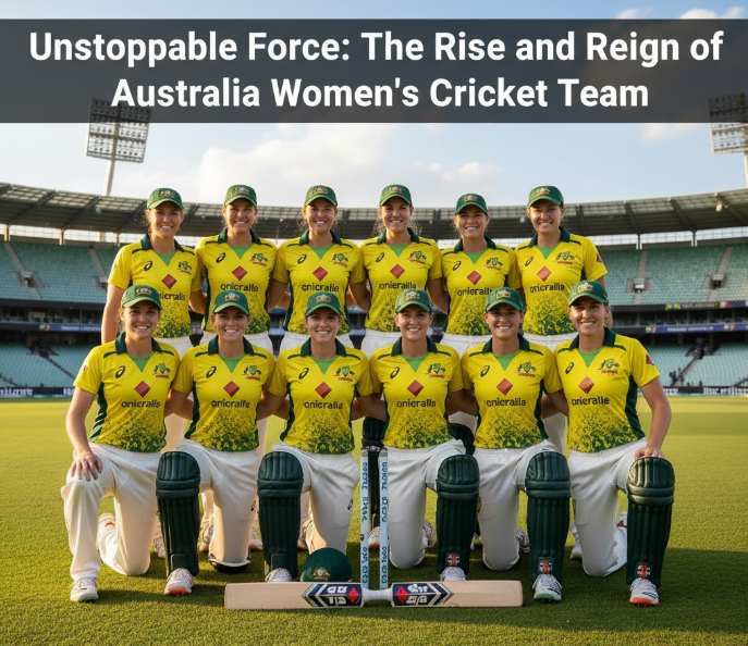 Australia Women’s Cricket Team posing proudly in yellow jerseys at the stadium before a major international match