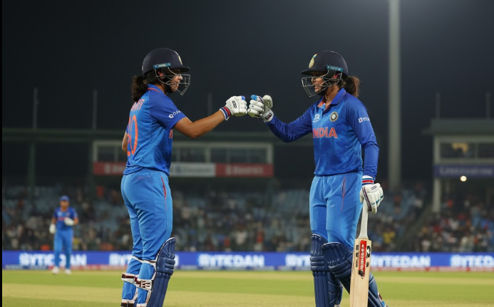 India Women openers Smriti Mandhana and Shafali Verma celebrate a strong partnership during the ICC Women’s World Cup 2025 Semi Final against Australia Women.