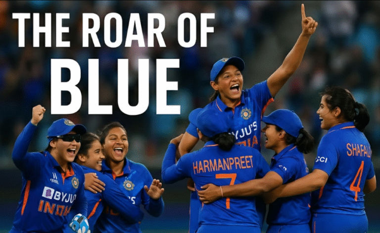 India Women celebrate their stunning victory over Australia to reach the ICC Women’s World Cup 2025 Final, showcasing unity and pride in blue.