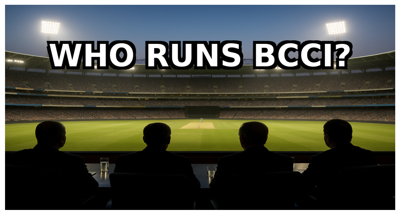 Who Runs BCCI featured image showing silhouettes of cricket officials watching a stadium under floodlights.