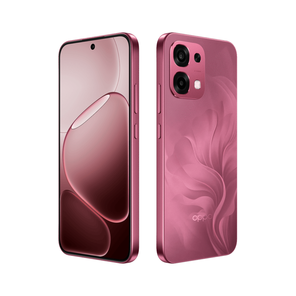 Oppo F31 5G in Rose Pink color with dual rear camera and floral matte finish design – premium smartphone render