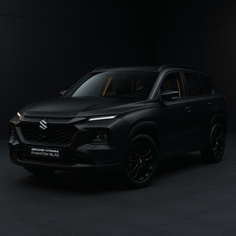 Maruti Suzuki Grand Vitara Phantom Blaq Edition in matte black finish, displayed indoors with subtle gold interior accents and modern lighting.