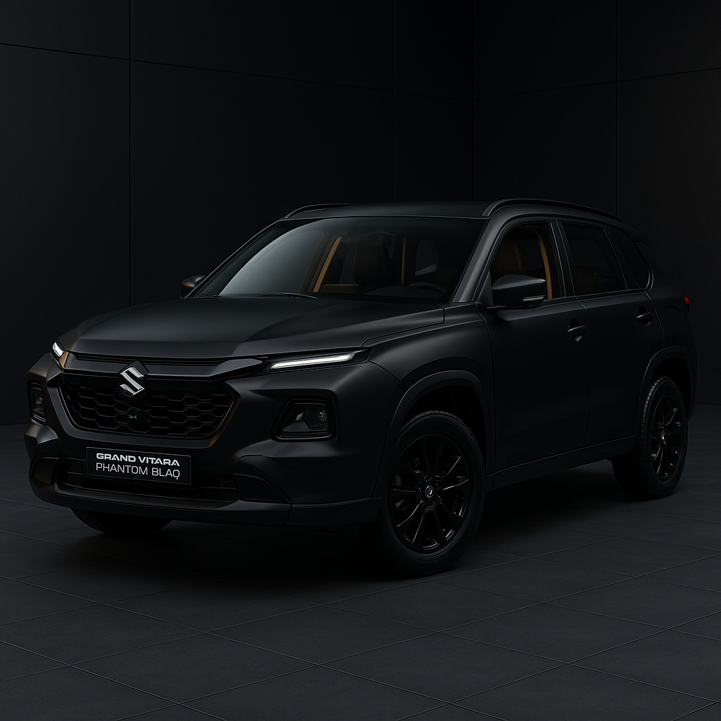 Maruti Suzuki Grand Vitara Phantom Blaq Edition in matte black finish, displayed indoors with subtle gold interior accents and modern lighting.