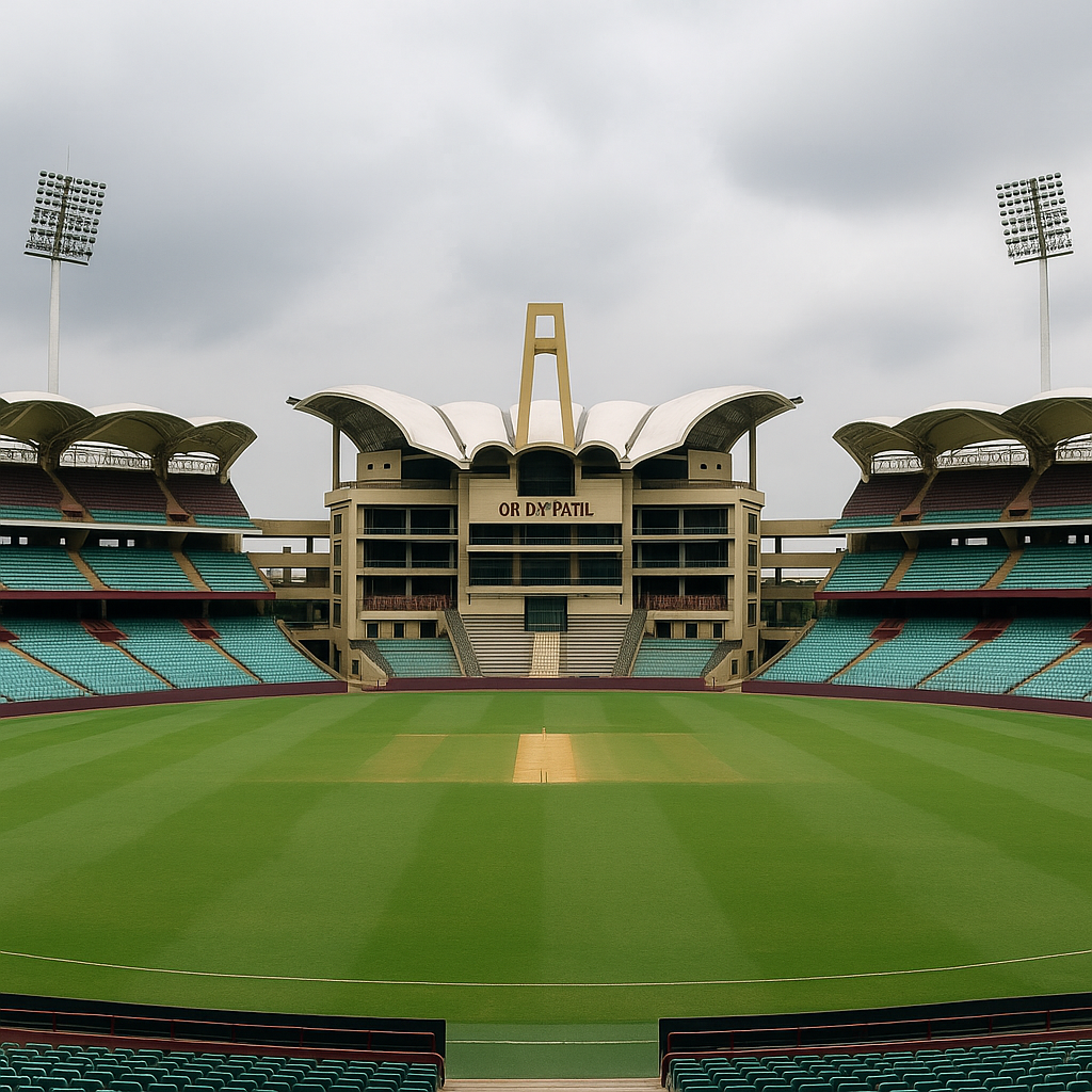 Dr DY Patil Stadium in Navi Mumbai captured in daylight, showcasing its grand architecture, lush green cricket field, and modern seating under a cloudy sky before the Women’s World Cup 2025 Final.