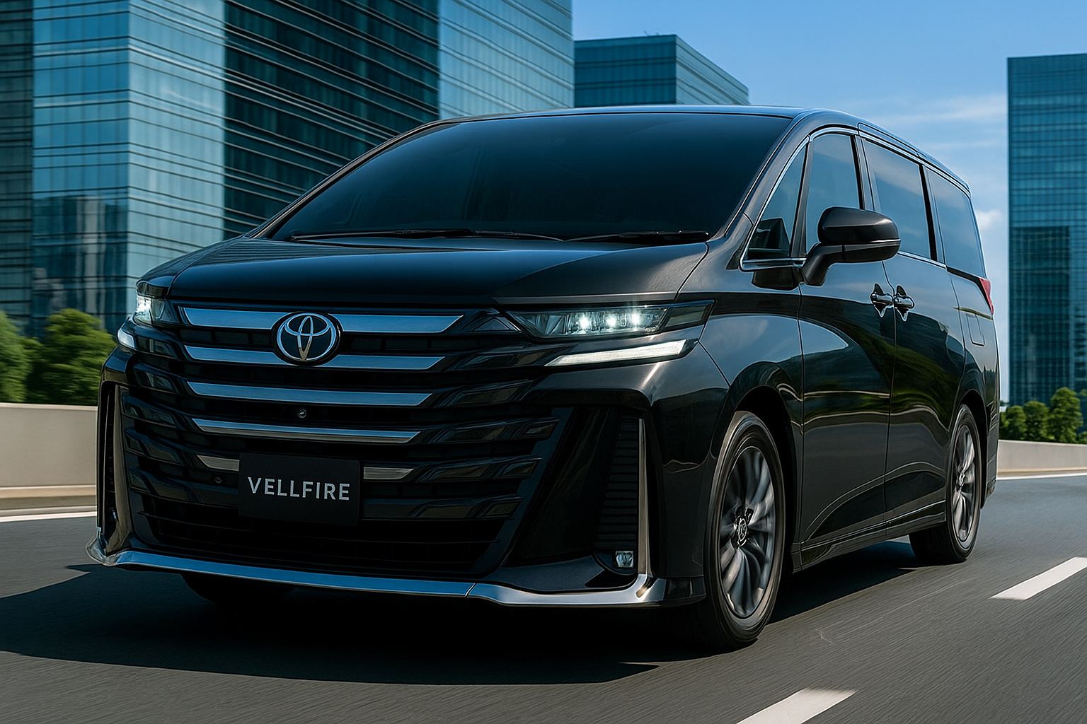 Toyota Vellfire 2025 luxury MPV driving through a modern city with skyscrapers, reflecting golden lights on its sleek black exterior.