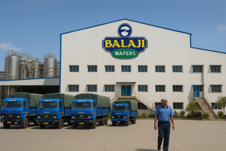 Balaji Wafers founders at Rajkot factory showcasing India’s ₹5,000 crore homegrown snack brand success.