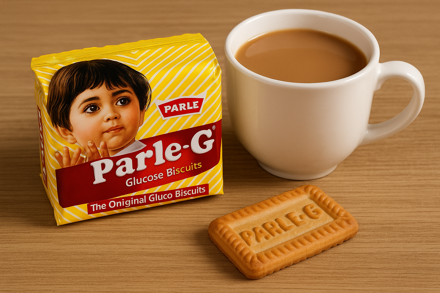 Parle-G glucose biscuit with cup of tea on wooden table – iconic Indian biscuit brand since 1939