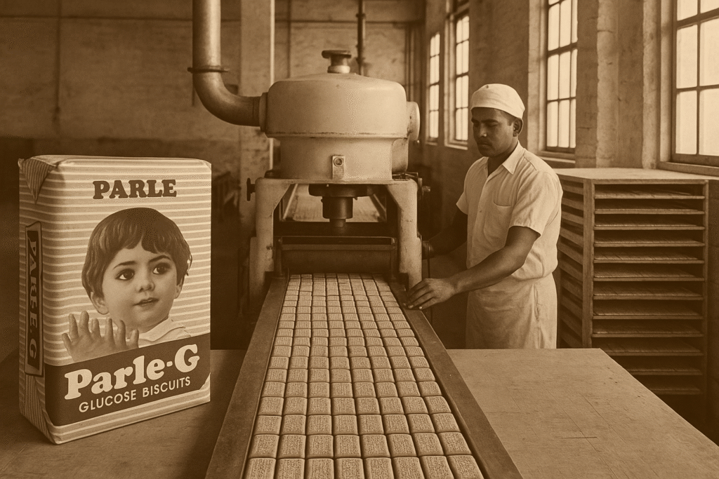 Vintage Parle-G biscuit factory from 1939 showing early production line and iconic Parle-G packaging