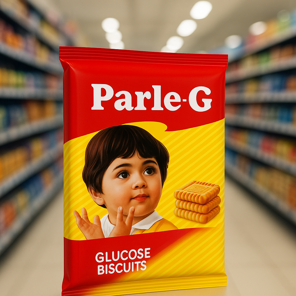 Modern Parle-G biscuit pack in a supermarket aisle showcasing new packaging and global presence