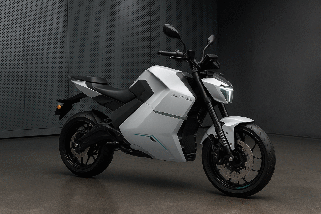 Raptee T30 electric motorcycle displayed in a studio with soft lighting and a clean metallic background.