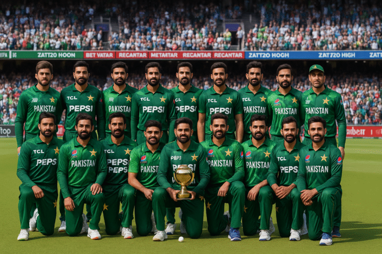 Pakistan Cricket Team celebrates victory holding a trophy after a match, players posing in green uniforms on the field.