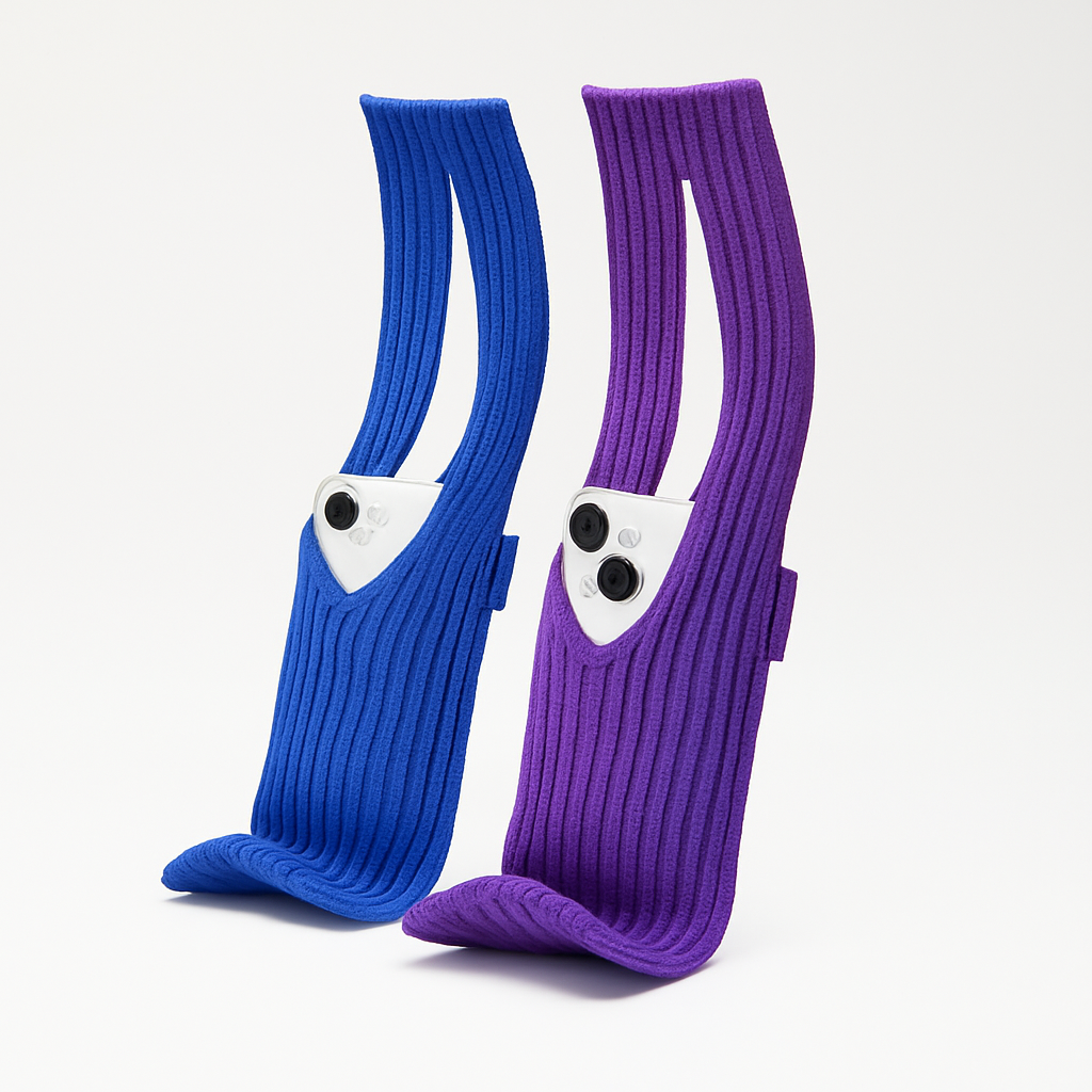 Two iPhones placed inside ribbed, 3D-knitted pouches—one in royal blue and the other in deep purple—standing upright on a clean white background, showcasing Apple’s iPhone Pocket design.