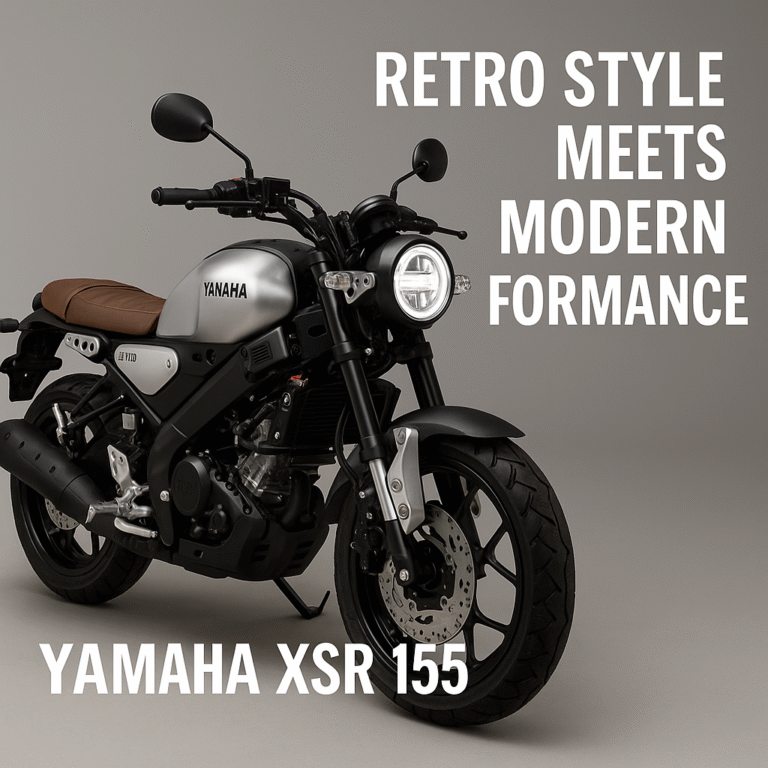 Yamaha XSR 155 motorcycle in studio setting showcasing retro design and modern performance.
