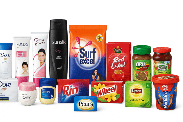 Hindustan Unilever products arranged neatly on a white background.