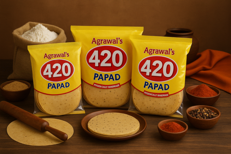Agrawal’s 420 papad packs with traditional Indian spices and papad-making setup.