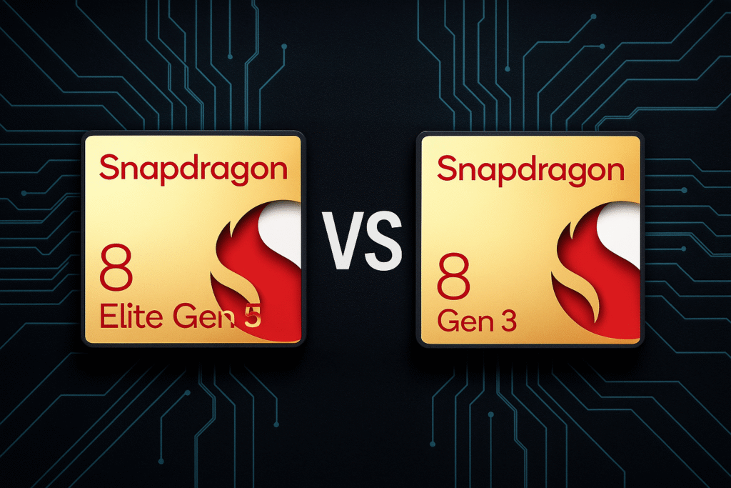Comparison image showing Snapdragon 8 Elite Gen 5 and Snapdragon 8 Gen 3 processors side by side, highlighting their performance rivalry with glowing circuit patterns and a bold “VS” in the center.