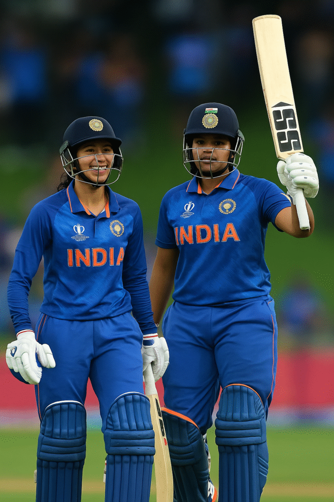 Smriti Mandhana and Shafali Verma of India Women walk together on the cricket field, smiling confidently in blue jerseys with bats in hand during the ICC Women’s World Cup 2025.