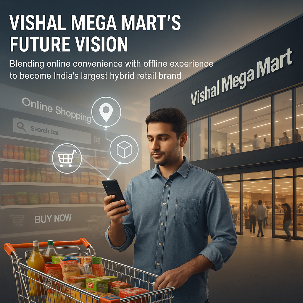 A man shopping at Vishal Mega Mart using his smartphone, symbolizing the brand’s future vision of blending online convenience with offline retail experience.